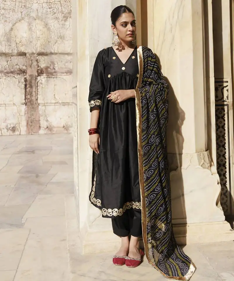 Black gota patti work dupion silk kurta set with bandhani printed dupatta