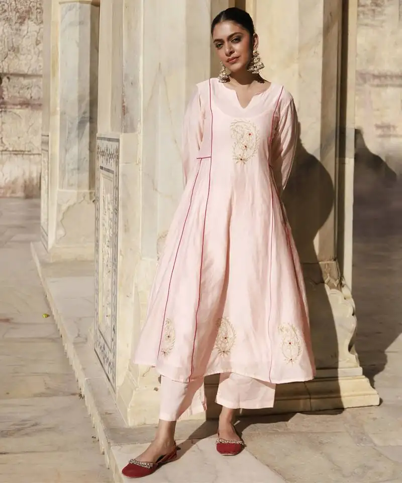 Peach chanderi aari embroidered anarkali set