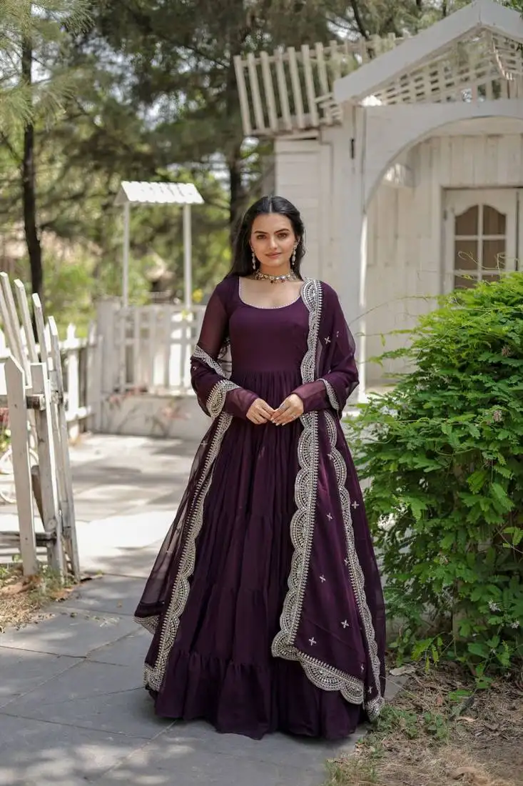 Wine faux blooming embroidered sequence work gown with dupatta