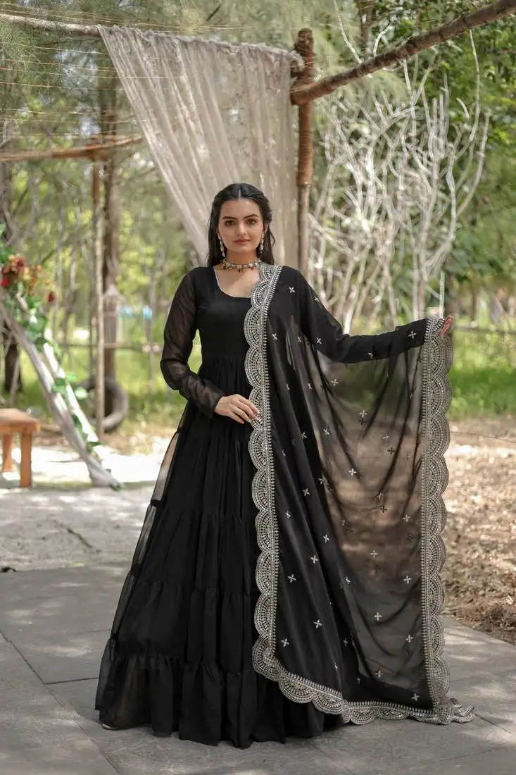 Black faux blooming embroidered sequence work gown with dupatta