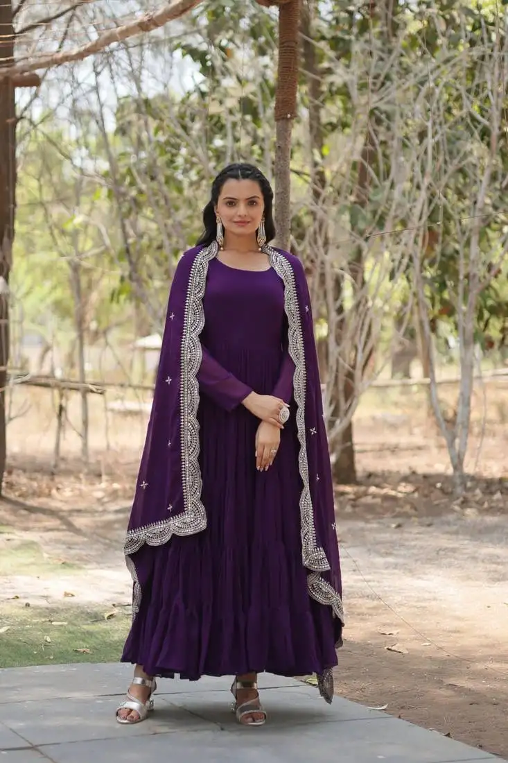 Purple faux blooming embroidered sequence work gown with dupatta