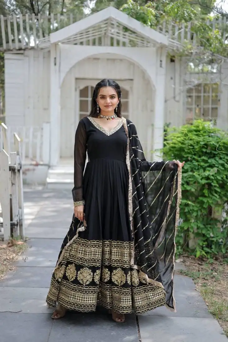Black faux blooming with sequins embroidered multi-sequins work gown with dupatta