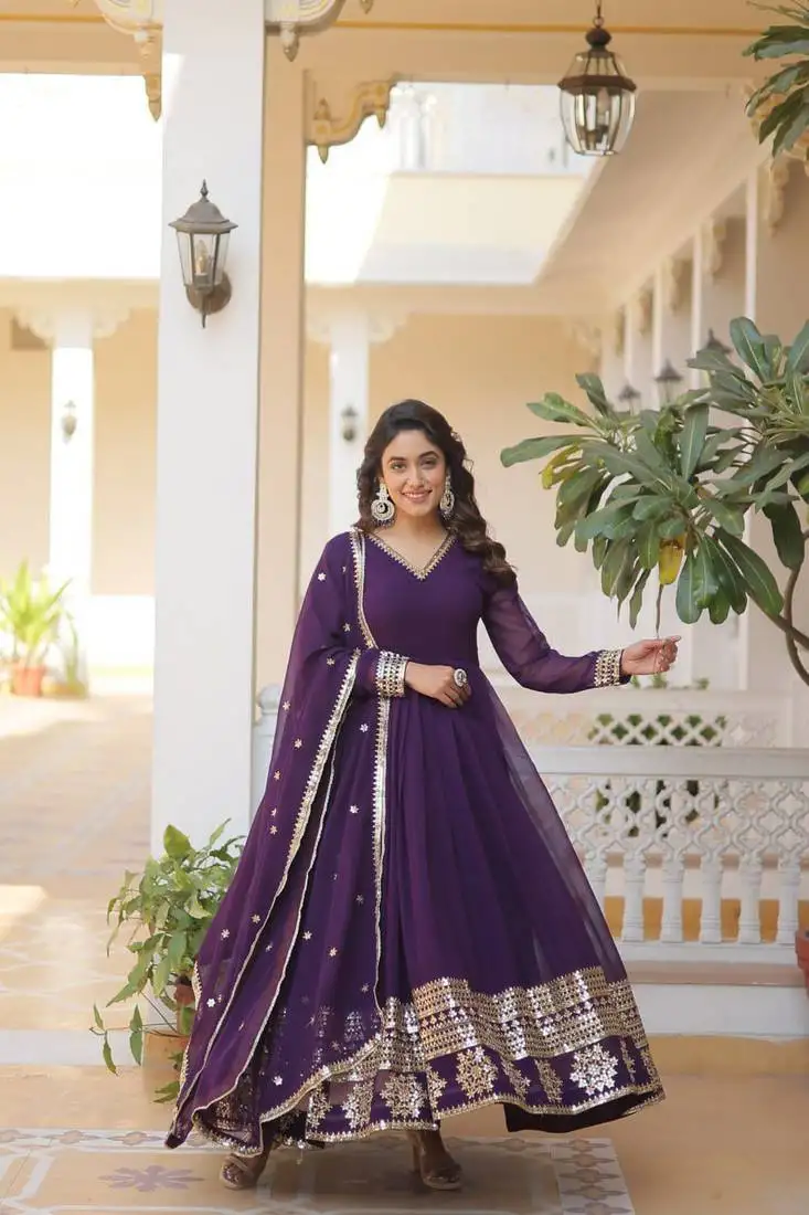 Purple faux blooming with sequins embroidered multi-sequins work gown with dupatta