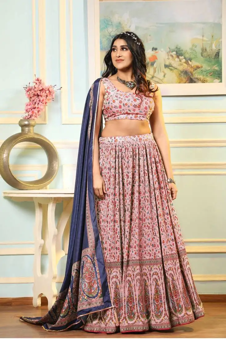 Beige digital print satin silk lehenga with bloue- full stitched