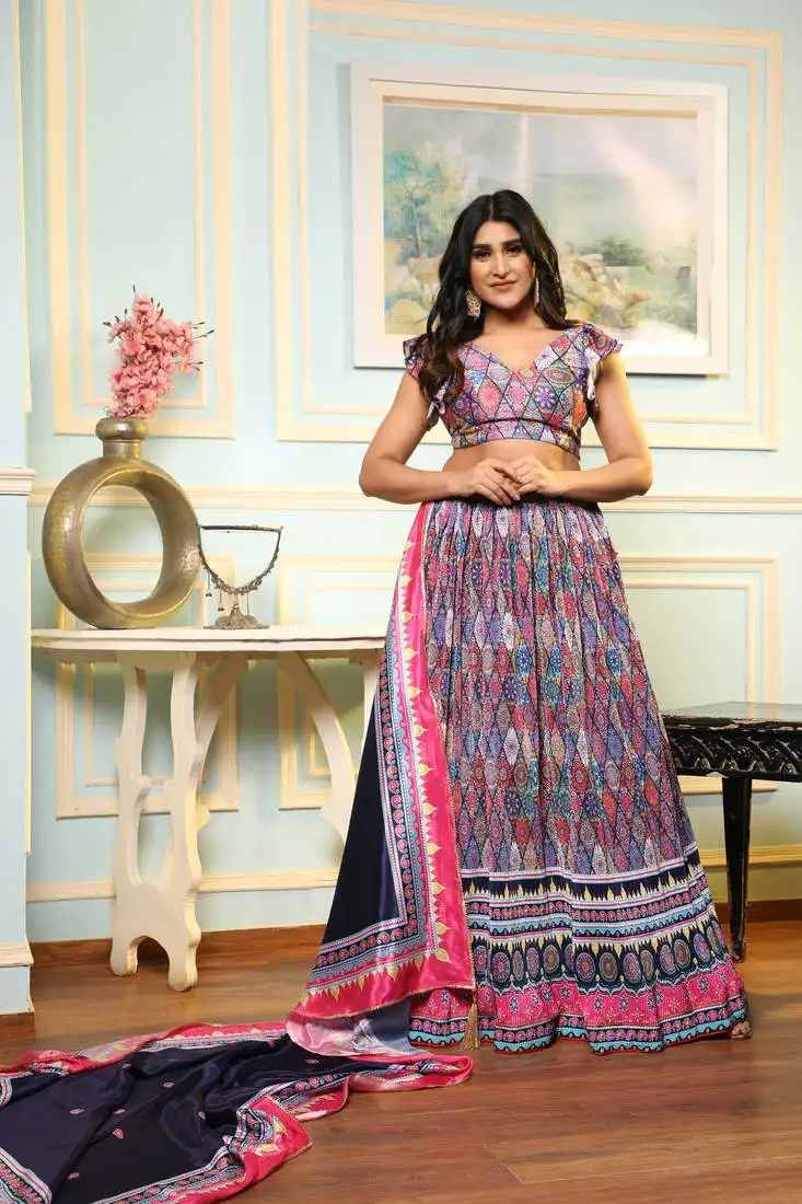 Multi digital print satin silk lehenga with bloue- full stitched