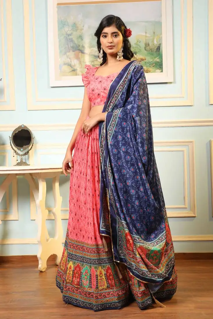 Pink digital print satin silk lehenga with bloue- full stitched