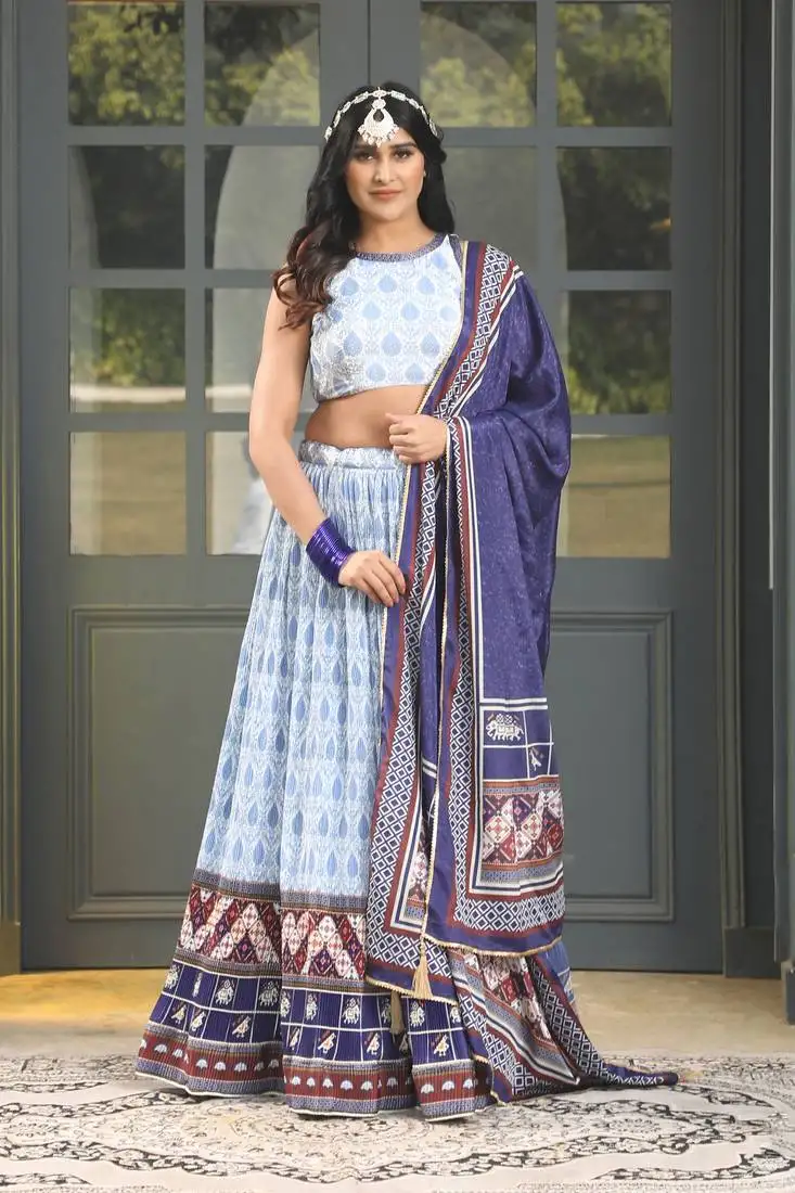 Blue digital print satin silk lehenga with bloue- full stitched