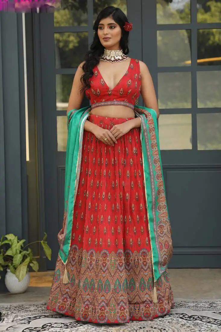 Red digital print satin silk lehenga with bloue- full stitched