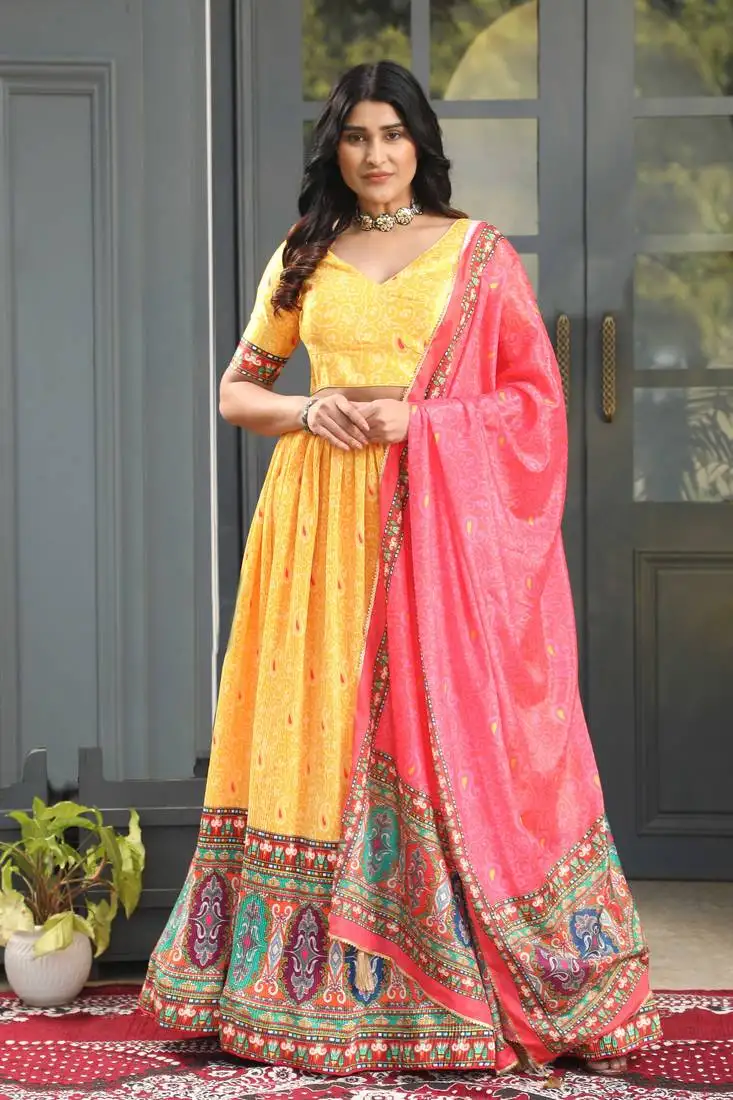 Yellow digital print satin silk lehenga with bloue- full stitched