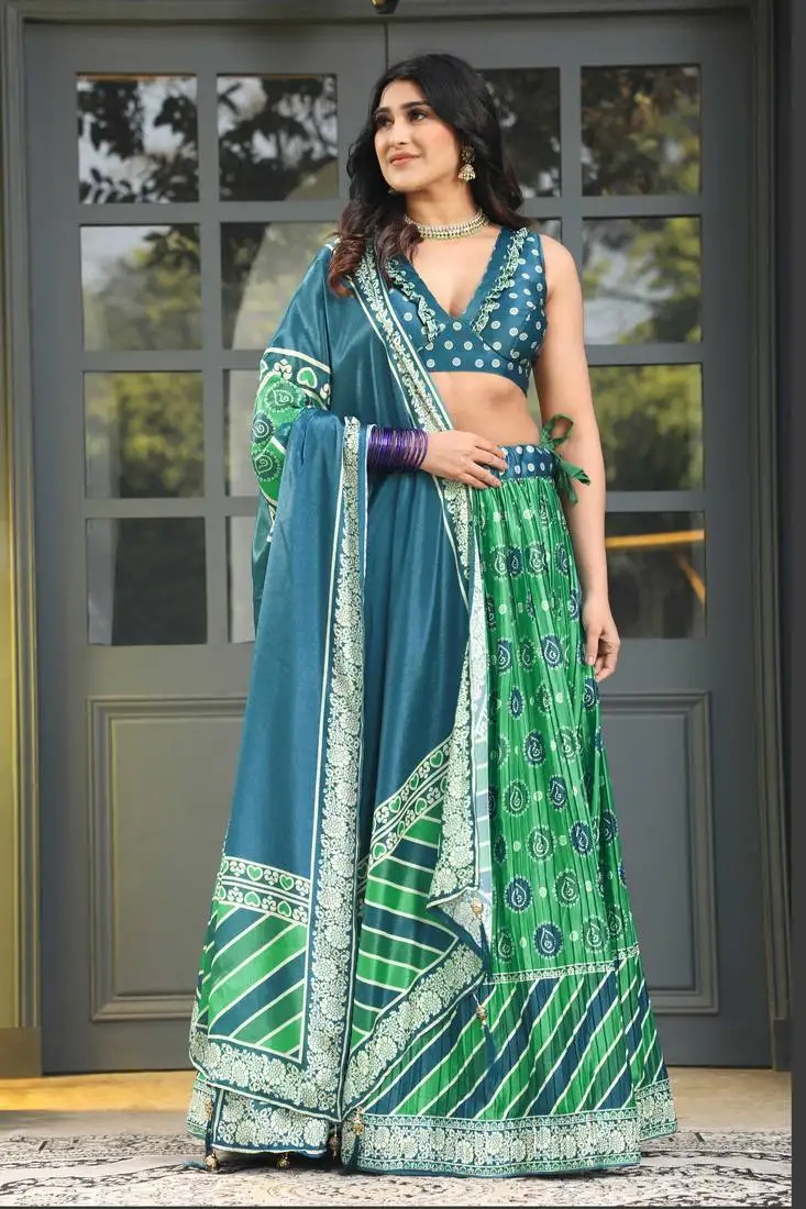 Teal blue digital print satin silk lehenga with bloue- full stitched
