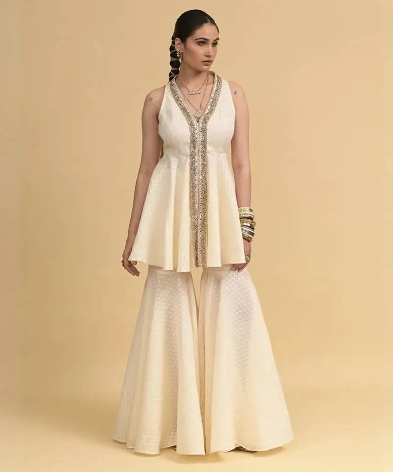 Ivory sequins work cotton peplum top set