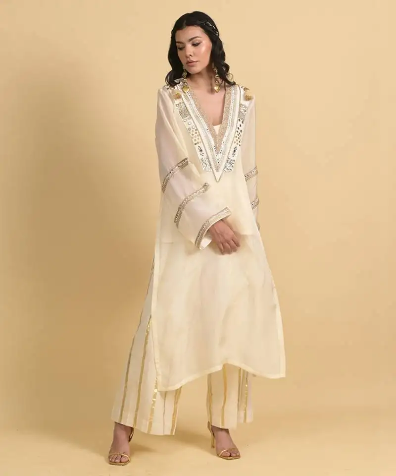 Ivory sequins work cotton kaftans