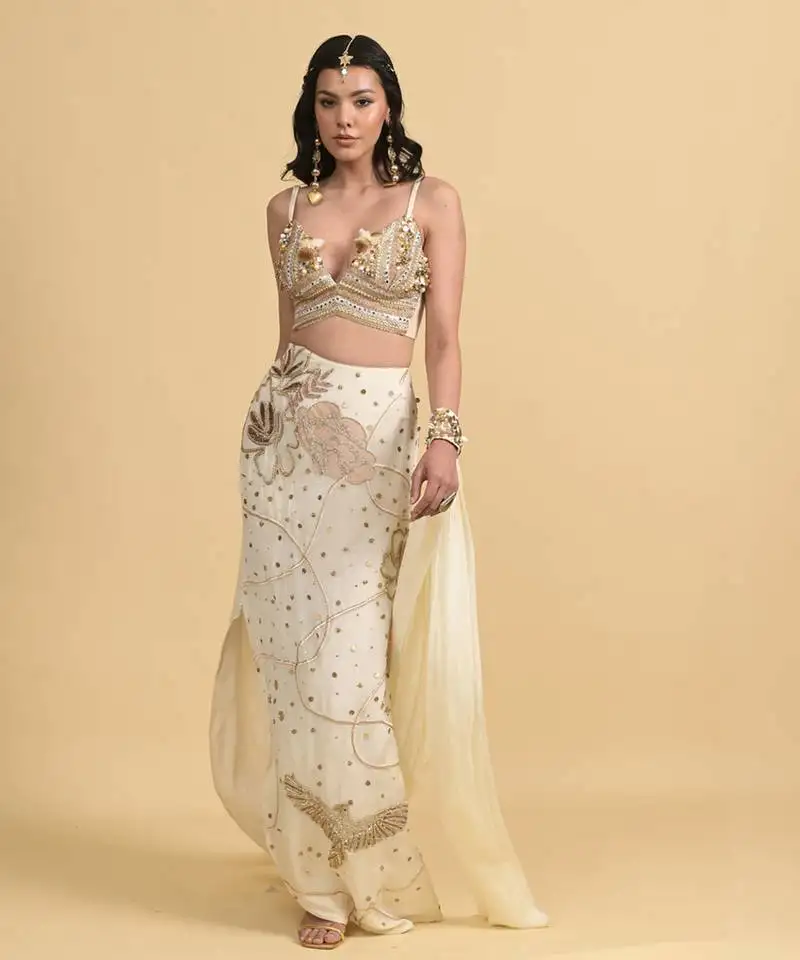Ivory sequins work georgette skirt set