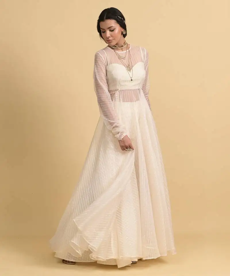 Ivory sequins work organza anarkali set