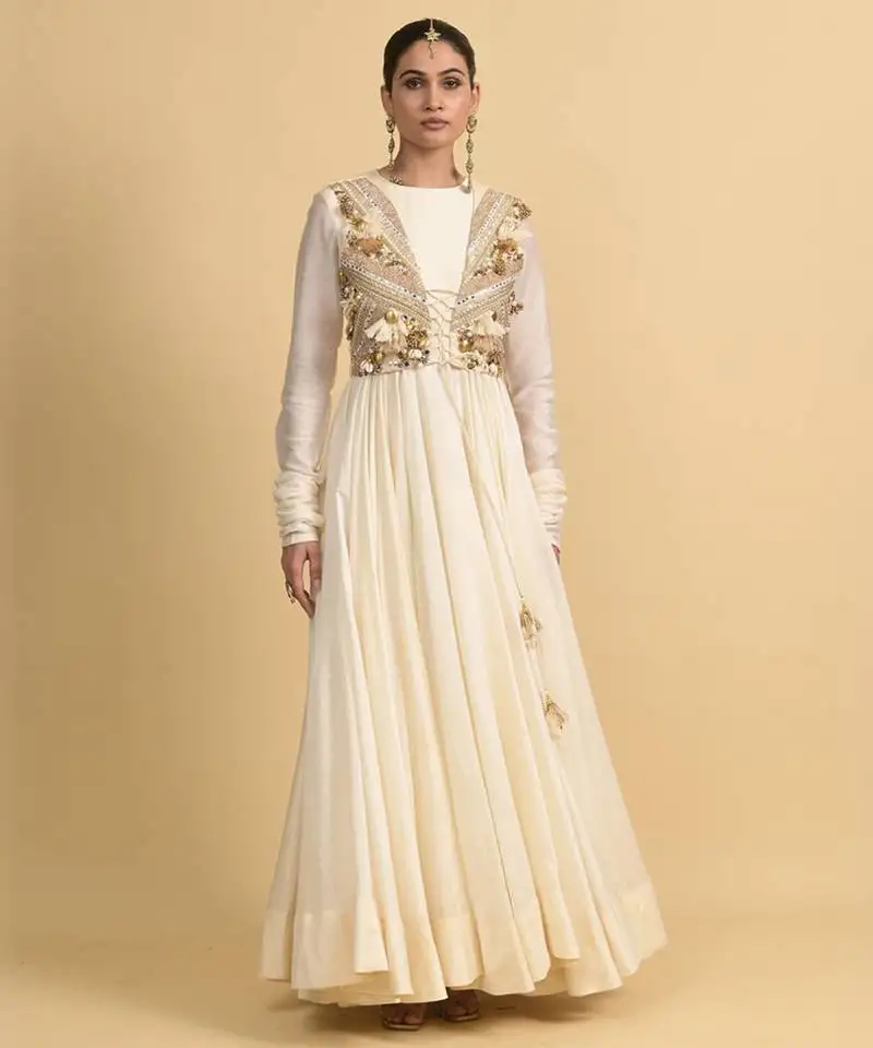 Ivory dori embroidery chanderi anarkali