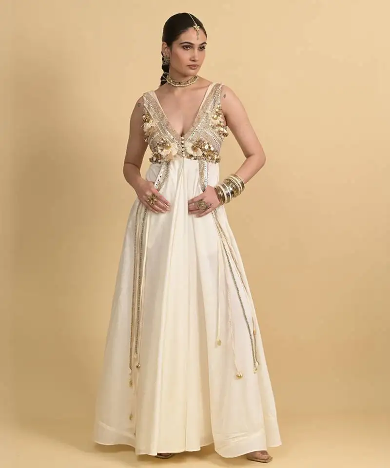 Ivory sequins work silk long-dresses