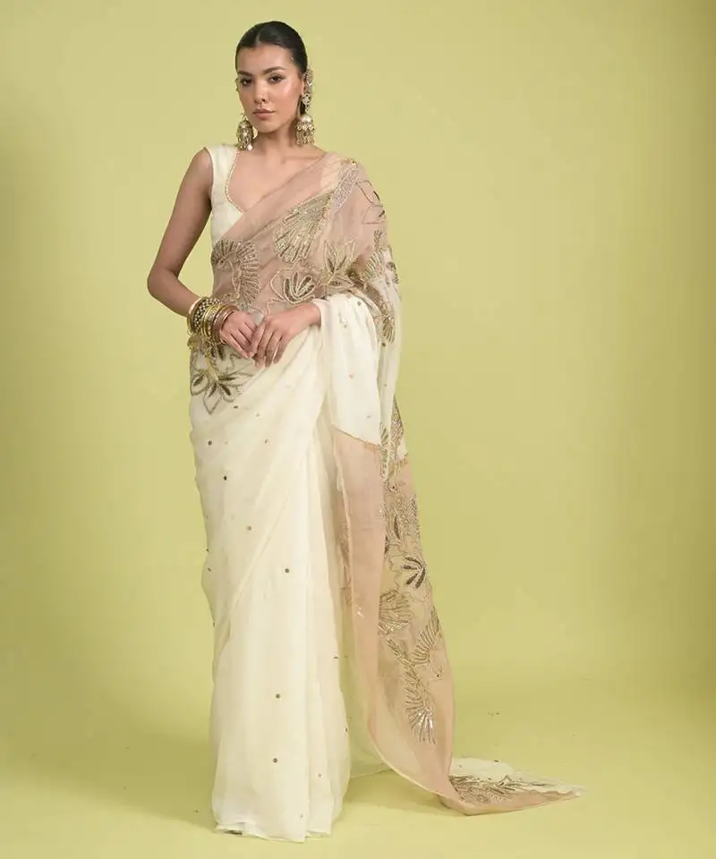 Ivory dori embroidery organza saree
