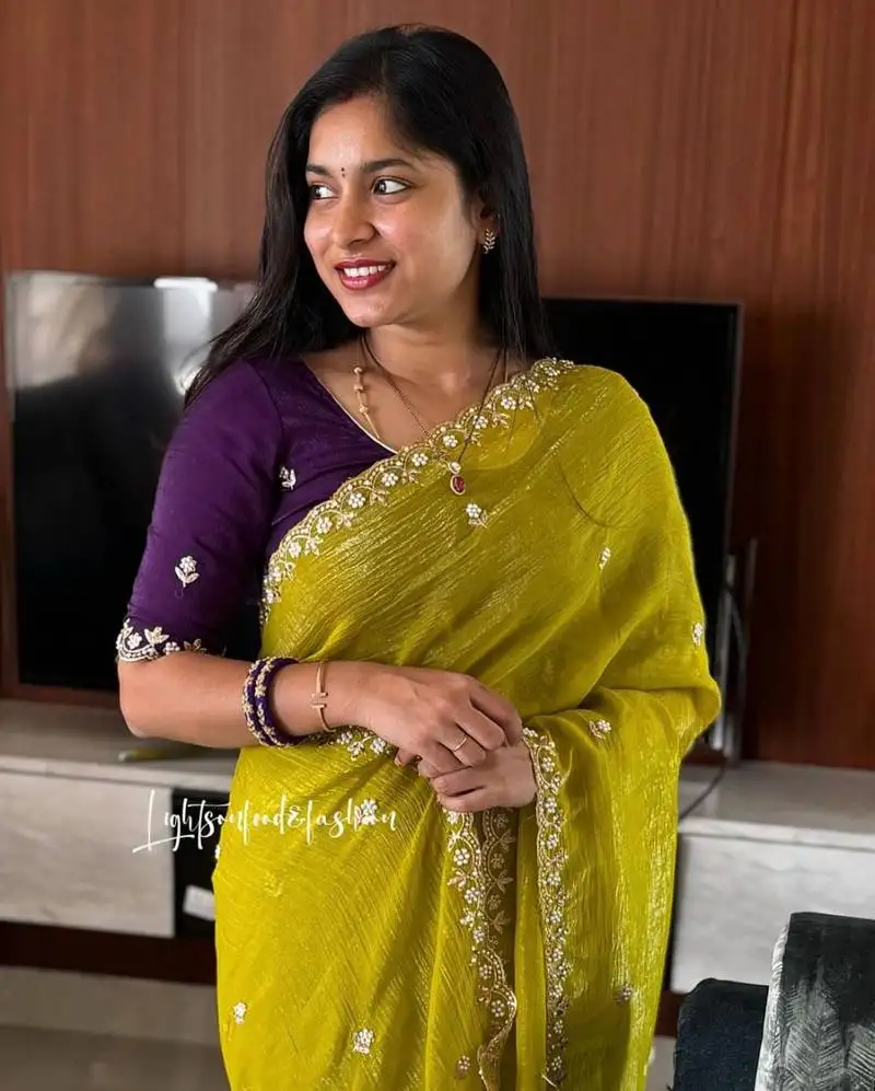 Yellow candy crush art silk embroidery moti work saree with unstitched blouse