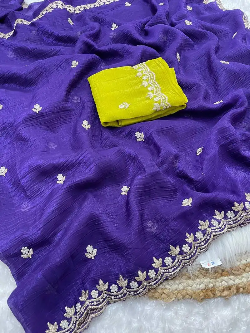 Purple candy crush art silk embroidery & moti work saree with unstitched blouse