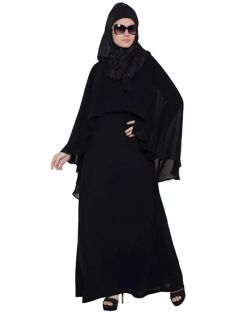 Black a line abaya with attached georgette cape for full coverage.