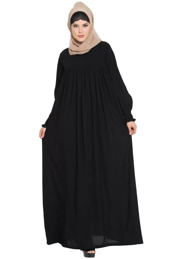 Black loose from chest arabian abaya with gather and smocky sleeves.