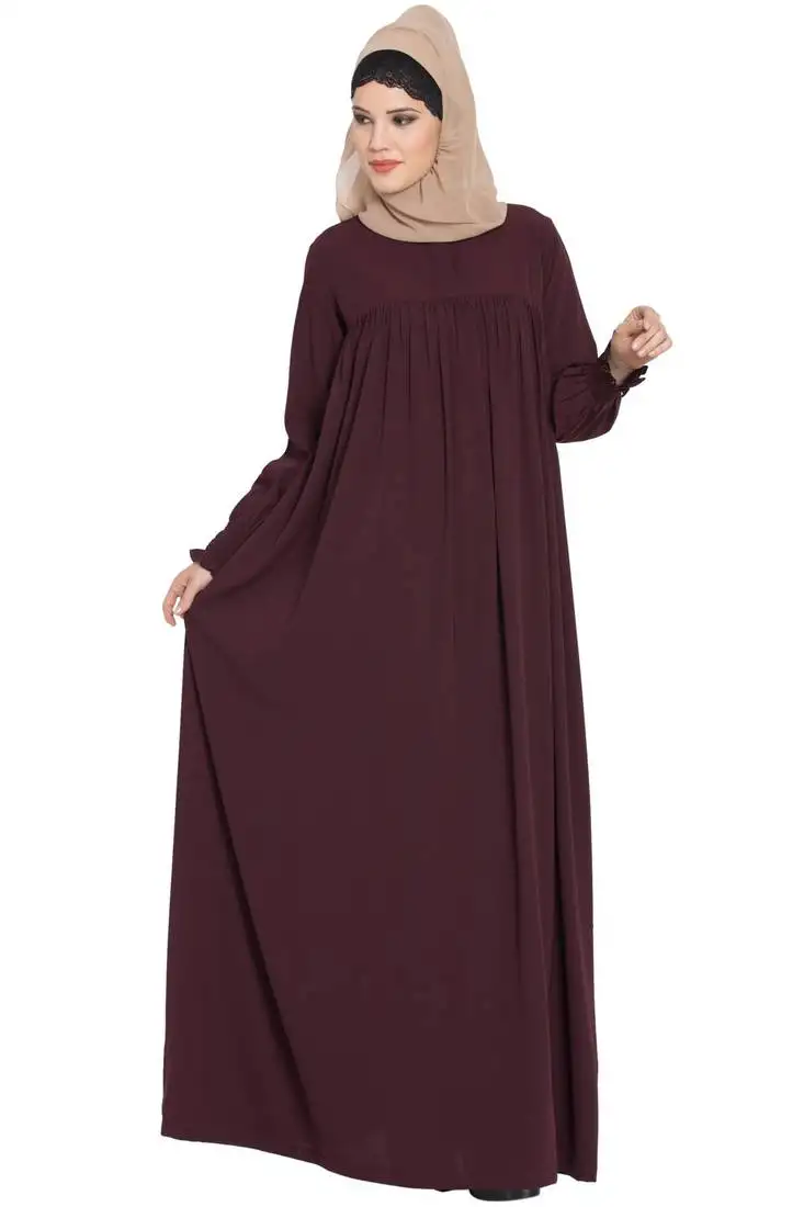 Wine loose from chest arabian abaya with gather and smocky sleeves.