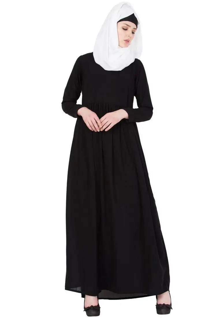 Black simple abaya with gather on waistline