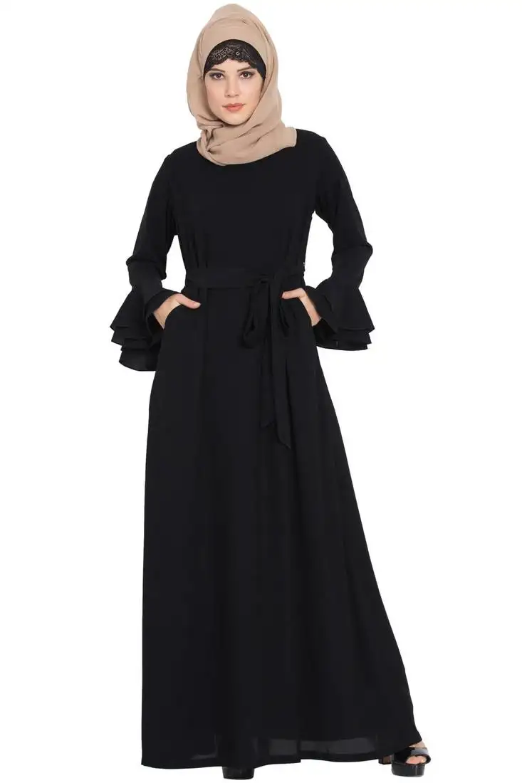 Black abaya dress with double layers of bell sleeves