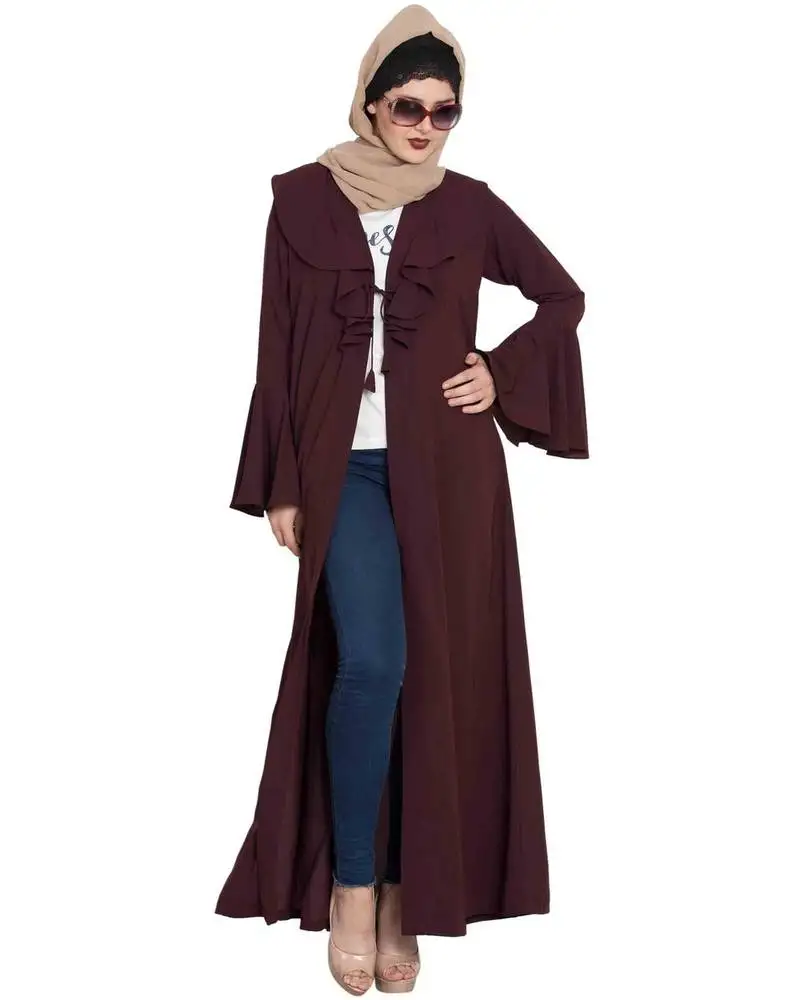 Wine long cardigan with bell sleeves without inner abaya
