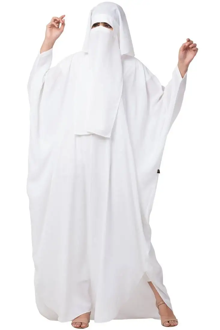 White two pieces set of white kaftan abaya and niqab in firdaus fabric