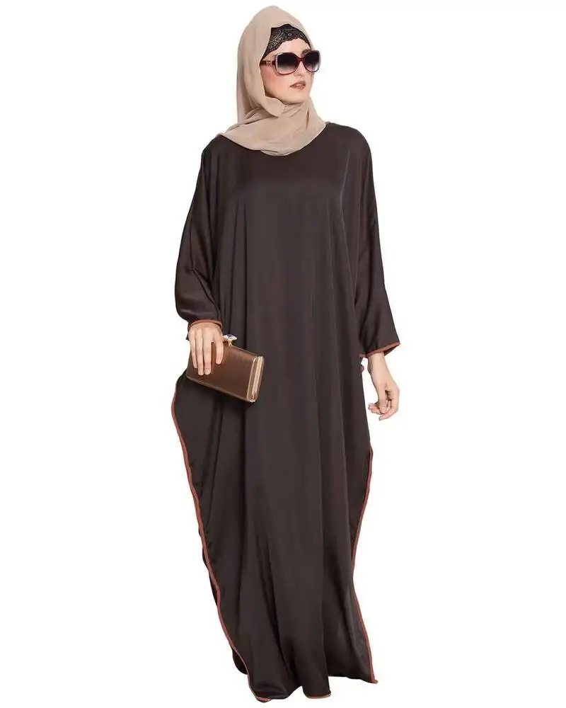Brown elegant kaftan abaya in free size with contrast detailings
