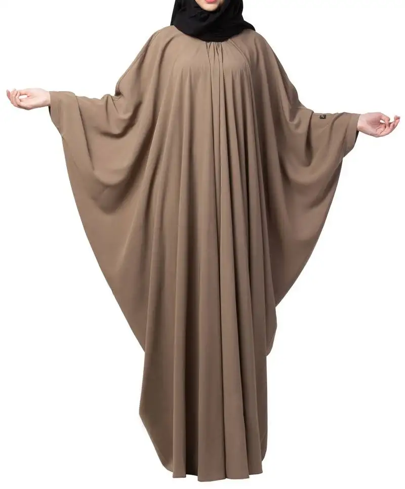 Brown simple yet elegant islamic kaftan abaya with pleats on neck