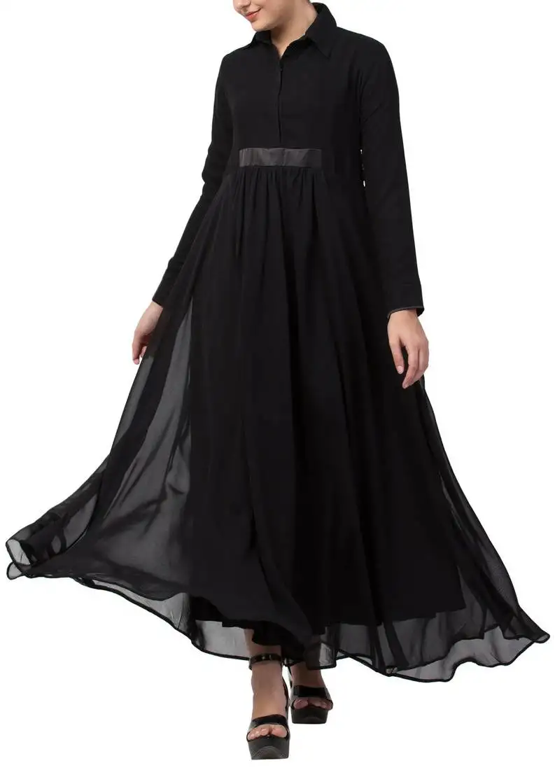Black modest abaya dress in dual layer with full sleeves