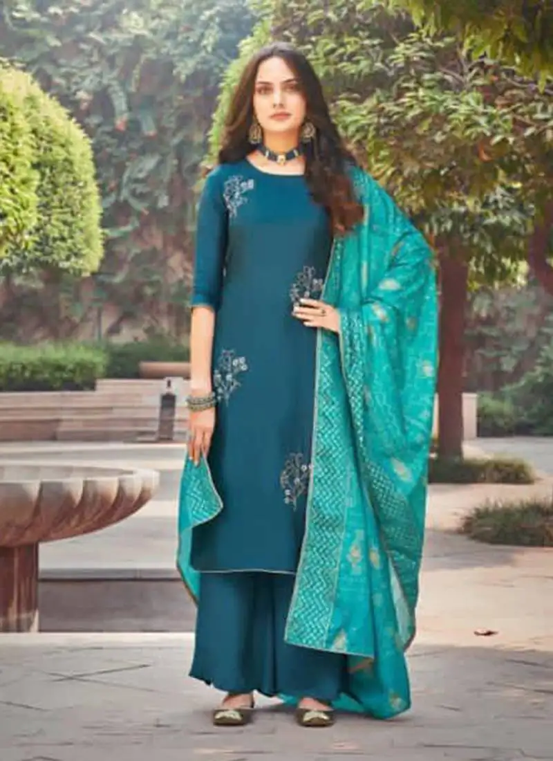 Teal blue embroidered silk palazzo semi stitched