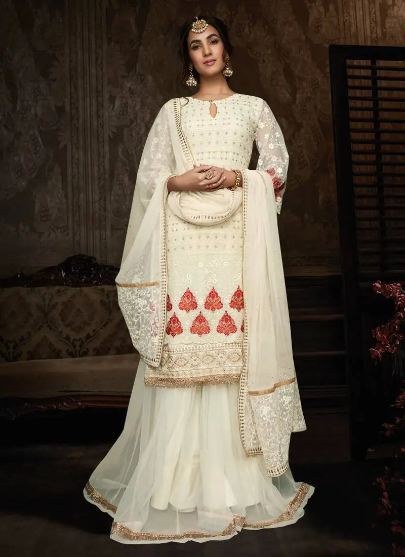 Cream embroidered georgette salwar kameez semi stitched