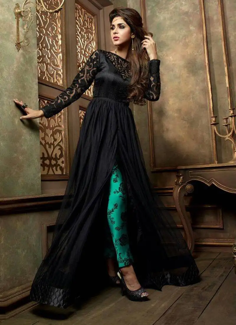 Black embroidered net anarkali suits semi stitched