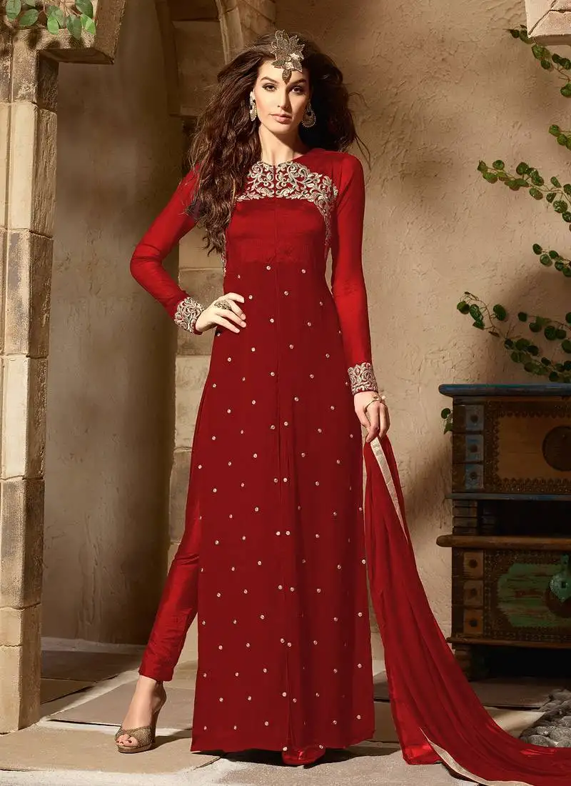 Red embroidered georgette salwar kameez semi stitched