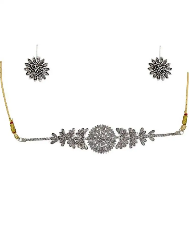 Unique silver oxidised choker necklace set with studs earrings jewellery set for women