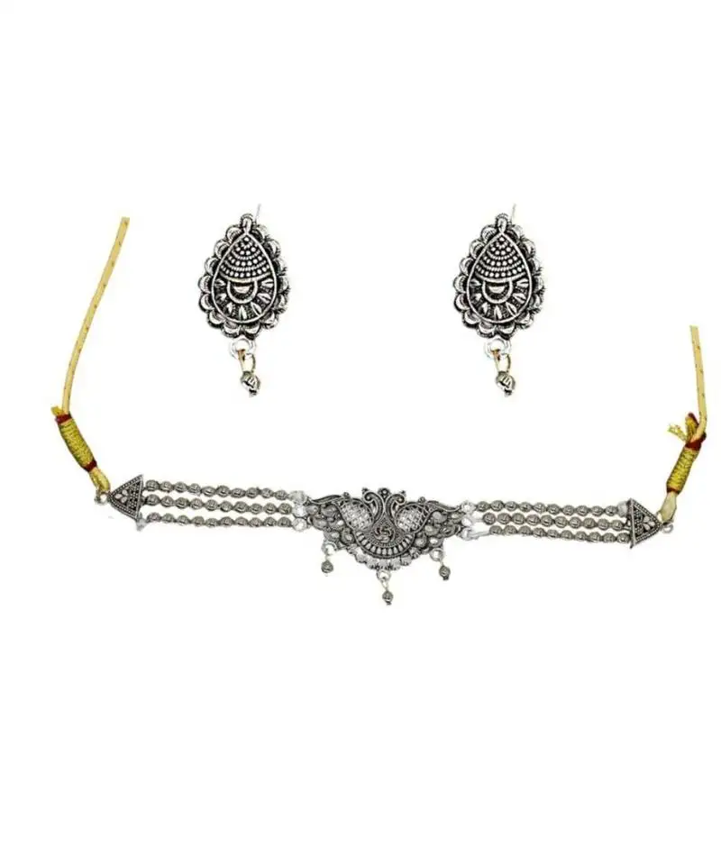 Antique oxidised silver traditional peacock style choker necklace with earrings jewellery for women