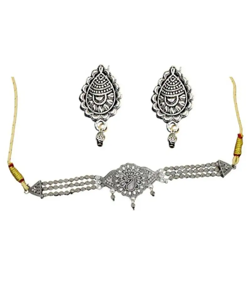 Exclusive antique peacock design oxidised silver choker necklace set with jhumka earrings for women