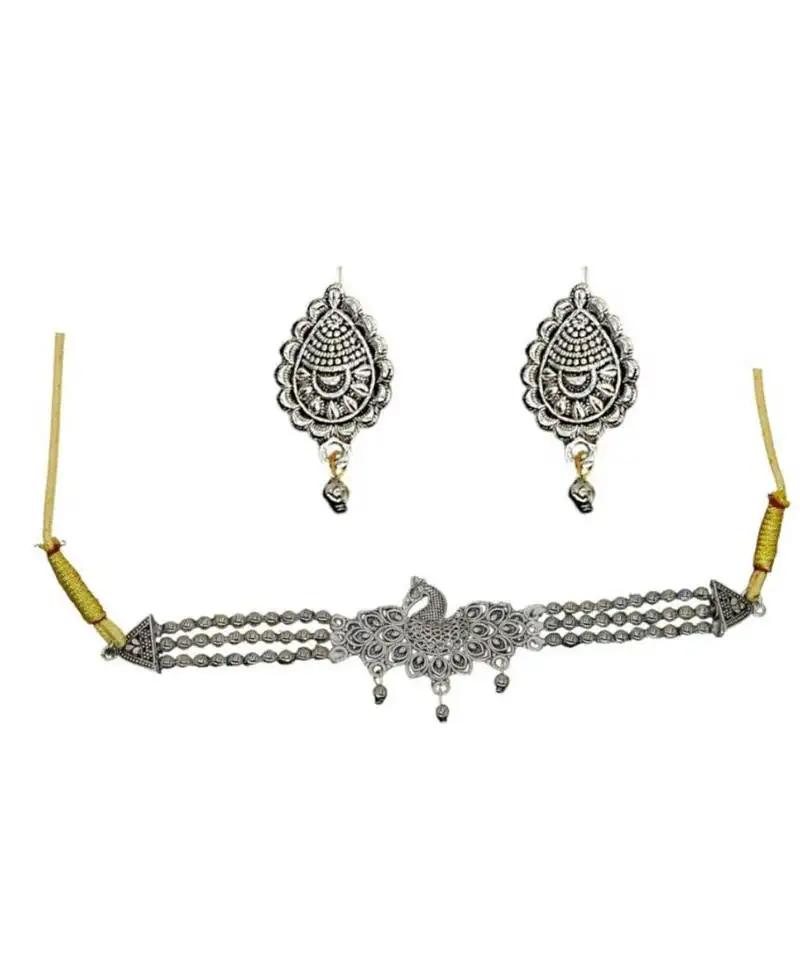 Unique stylish peacock design oxidised silver choker necklace for women
