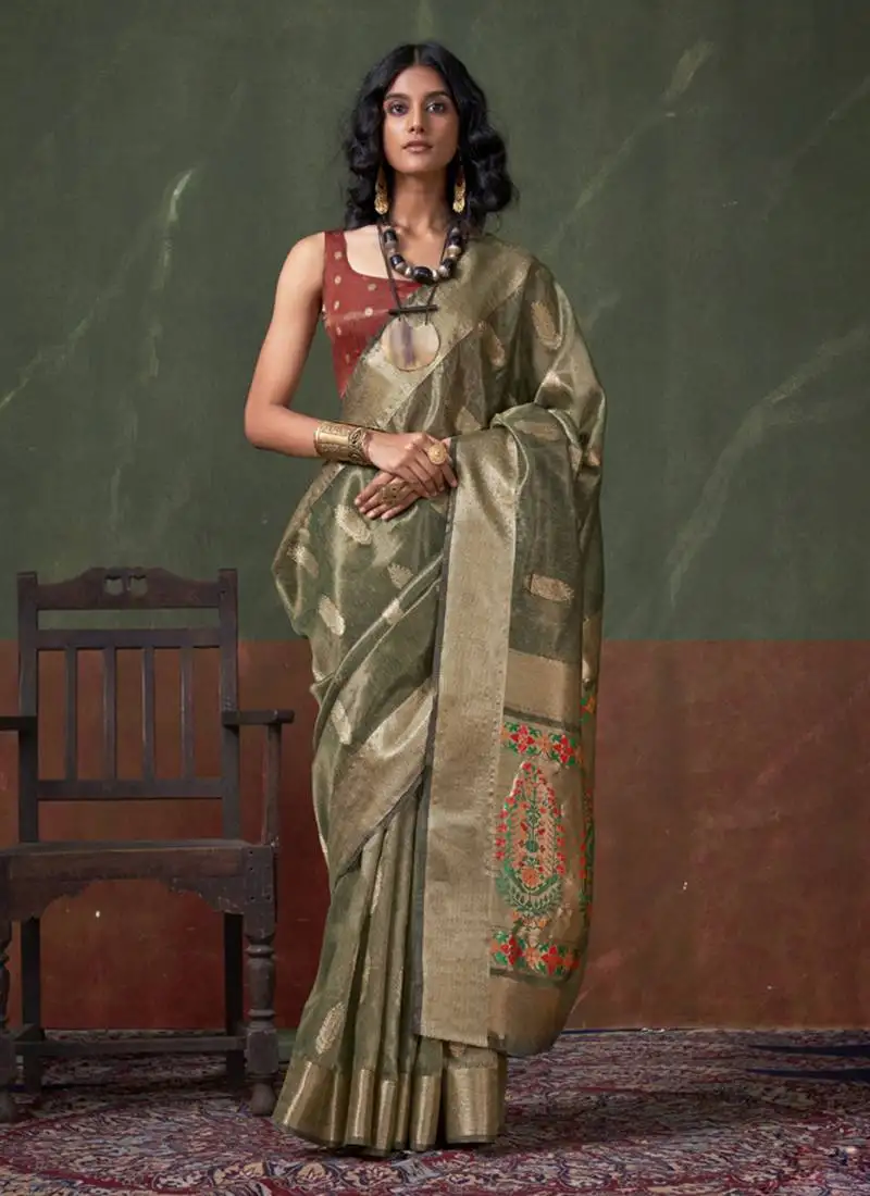 Mehendi pure paithani zari tissue handloom weaving saree