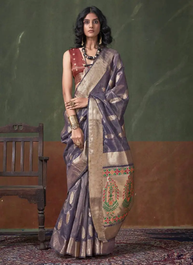 Gray pure paithani zari tissue handloom weaving saree