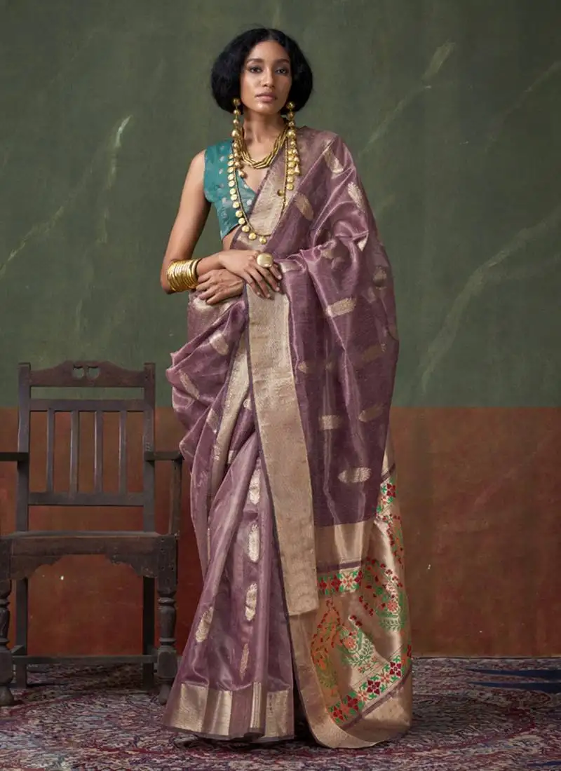 Light plum paithani zari tissue handloom weaving saree