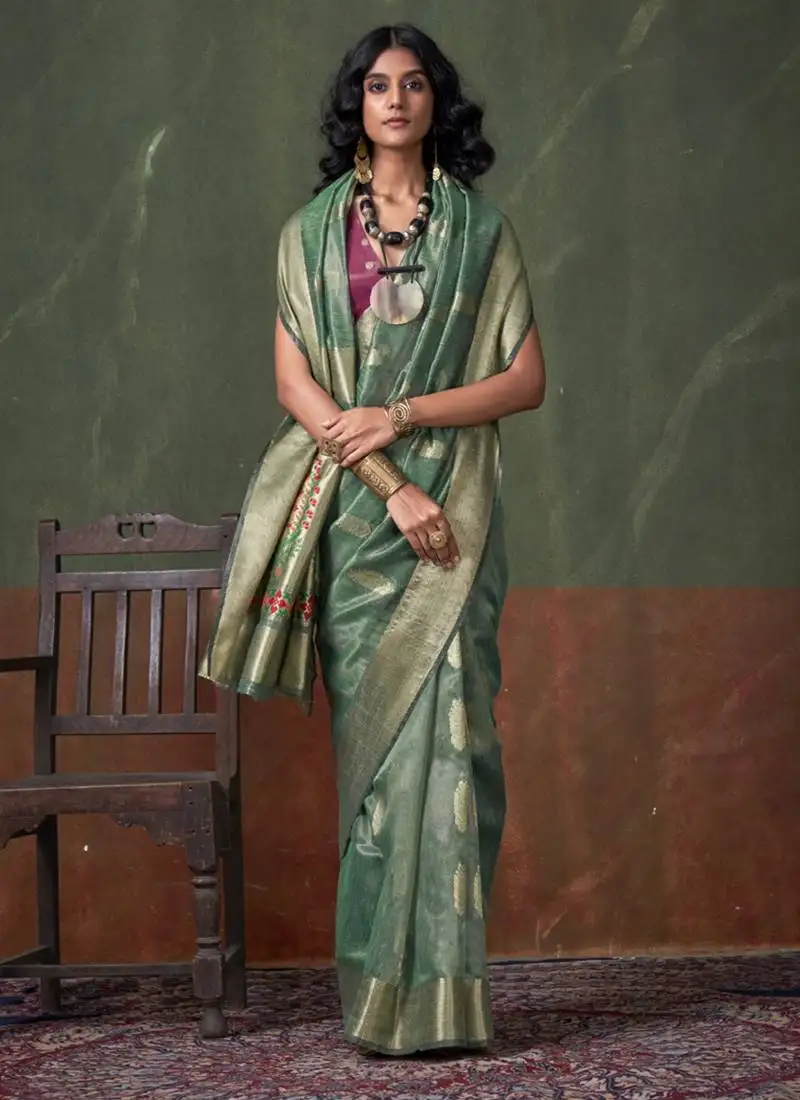 Light turquoise paithani zari tissue handloom weaving saree