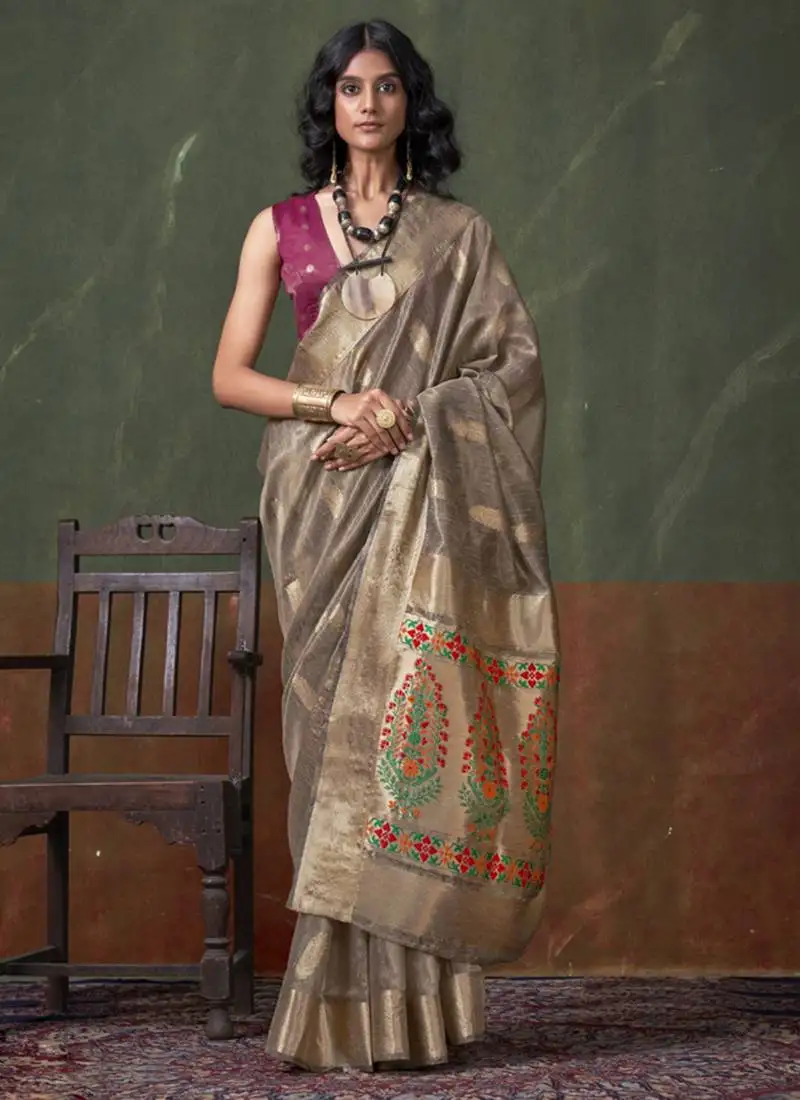 Light brown paithani zari tissue handloom weaving saree
