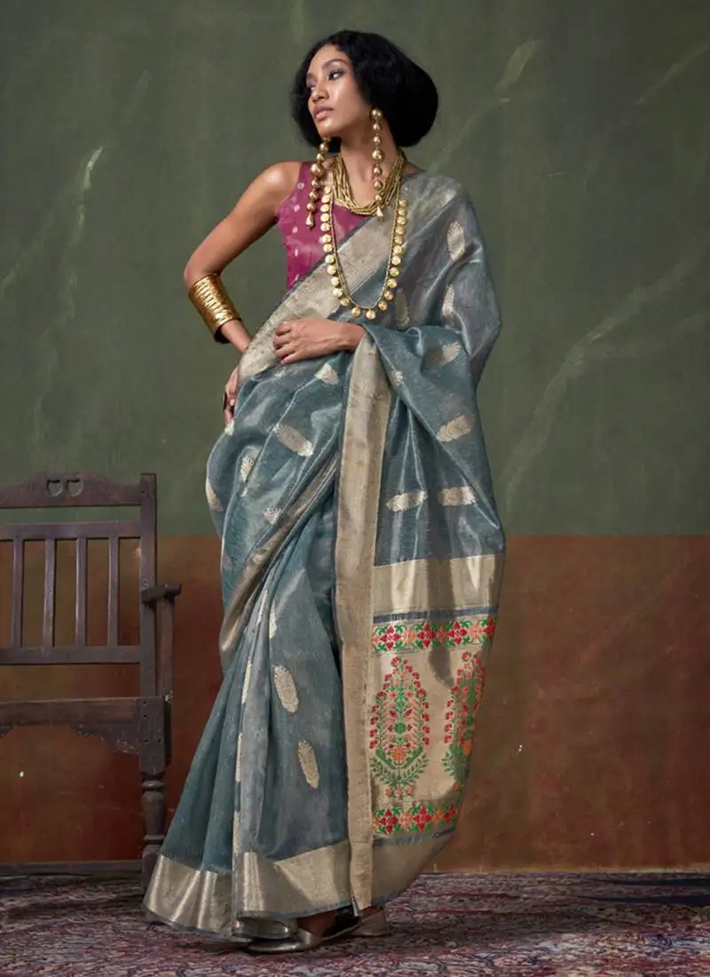 Light sky blue paithani zari tissue handloom weaving saree