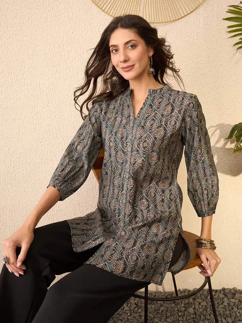 Women grey cotton blend ethnic motifs printed regular top