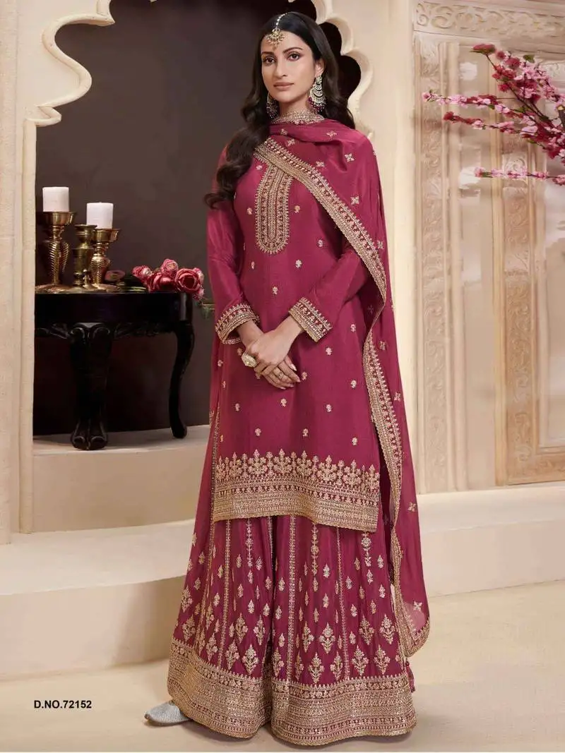 Pink heavy embroidery semi stitched wedding palazzo suits