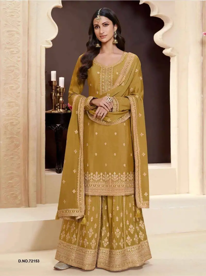 Yellow heavy embroidery semi stitched wedding palazzo suits